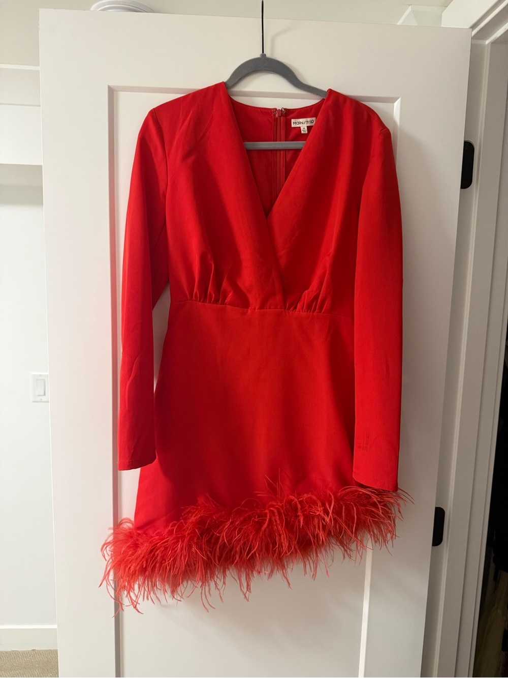 Main Strip Red V-Neck Mini Dress with Back Zip